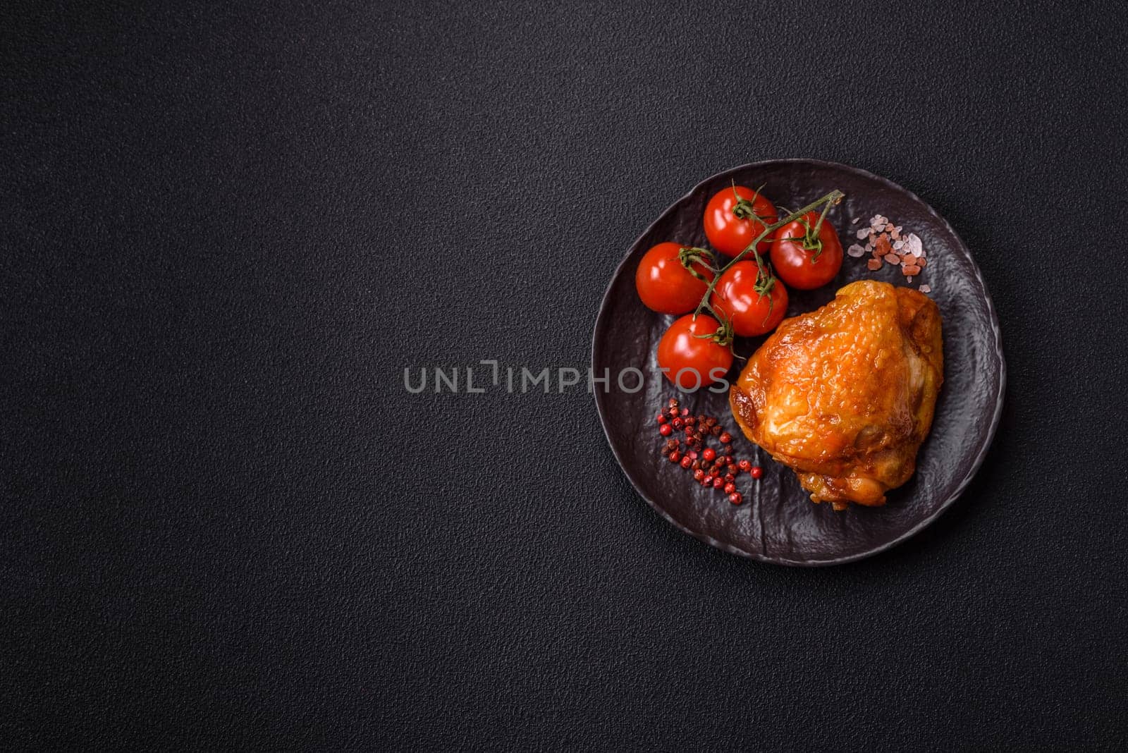 Delicious juicy chicken thighs baked with salt, spices and herbs in a ceramic plate on a dark concrete background