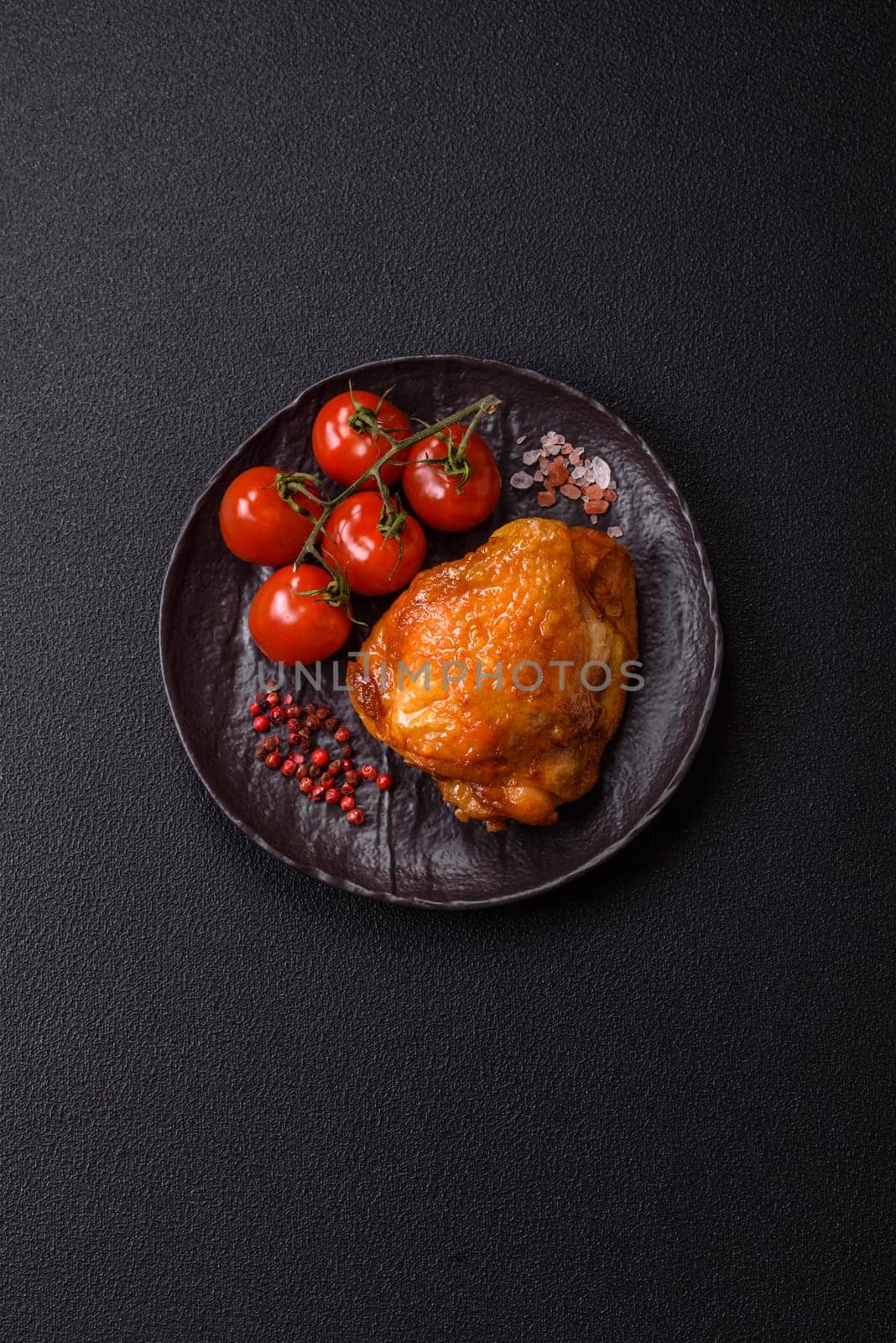 Delicious juicy chicken thighs baked with salt, spices and herbs in a ceramic plate on a dark concrete background