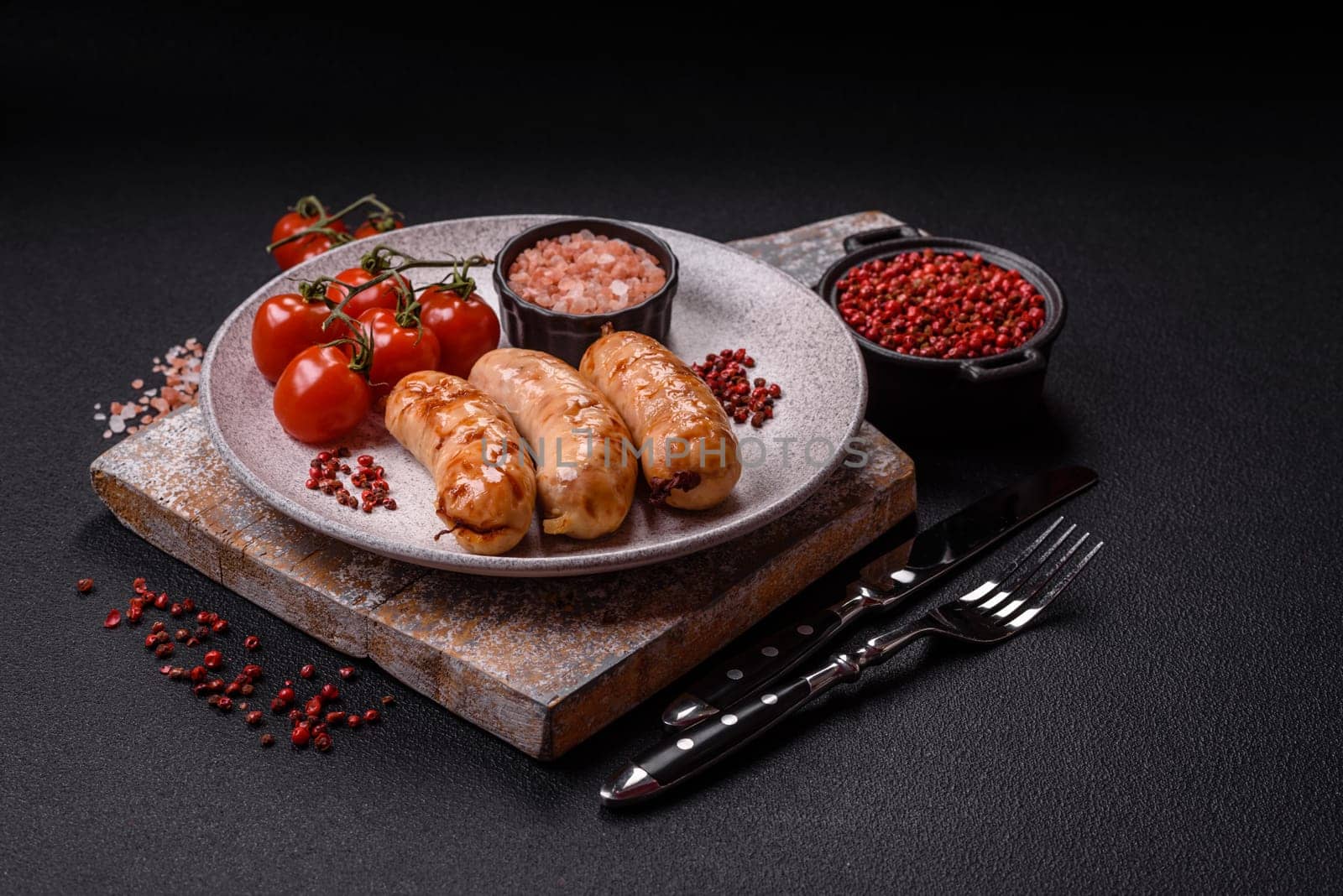 Grilled sausages with spices and herbs. Top view flat lay. With copy space