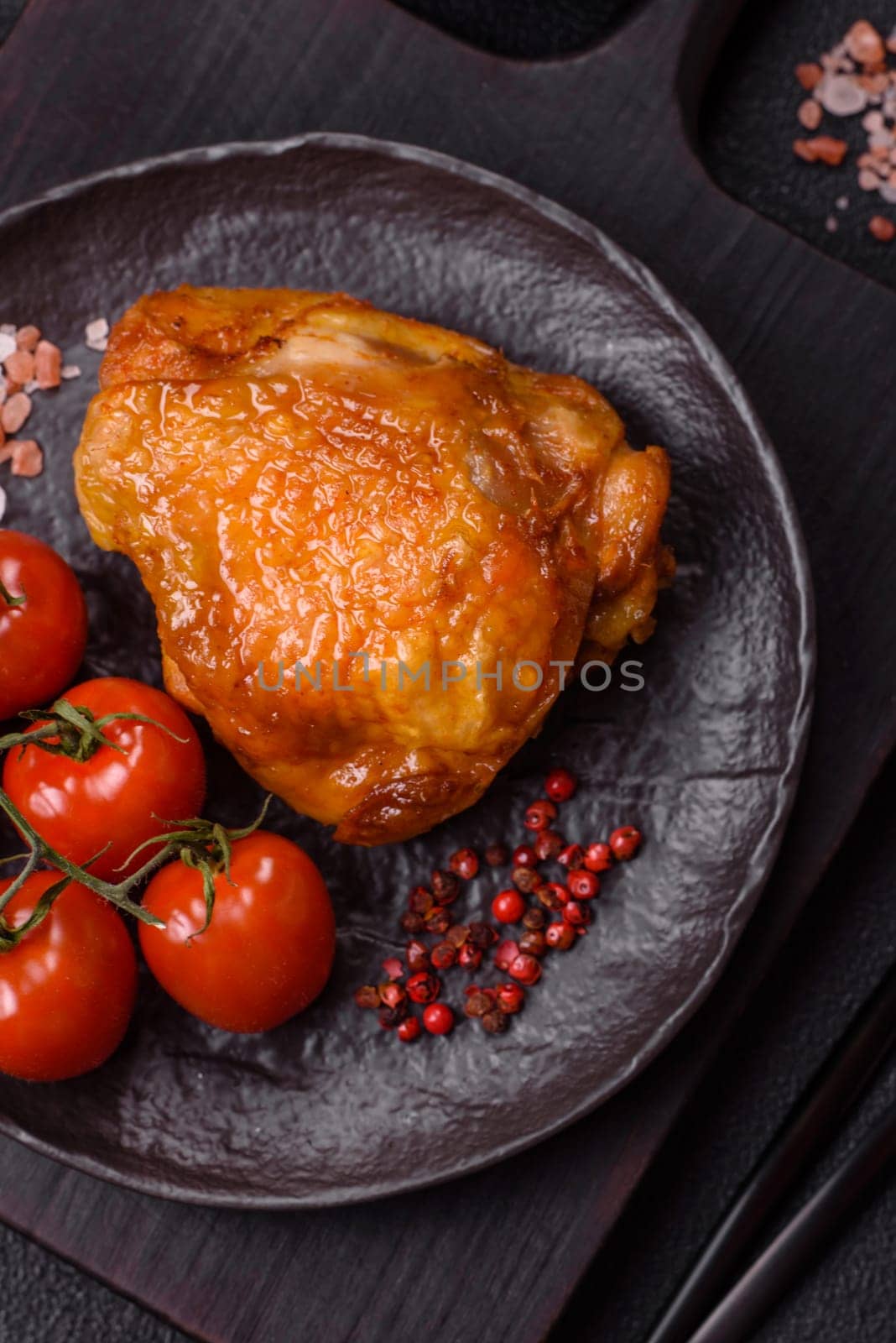 Delicious juicy chicken thighs baked with salt, spices and herbs in a ceramic plate on a dark concrete background