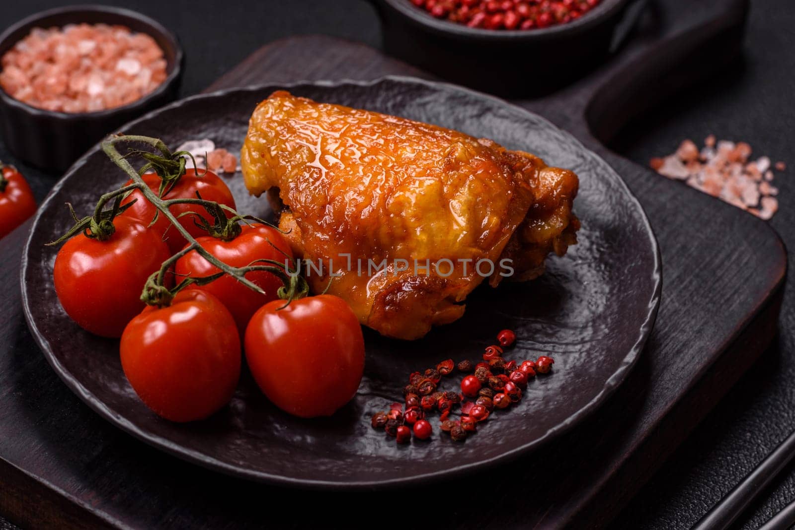 Delicious juicy chicken thighs baked with salt, spices and herbs in a ceramic plate on a dark concrete background
