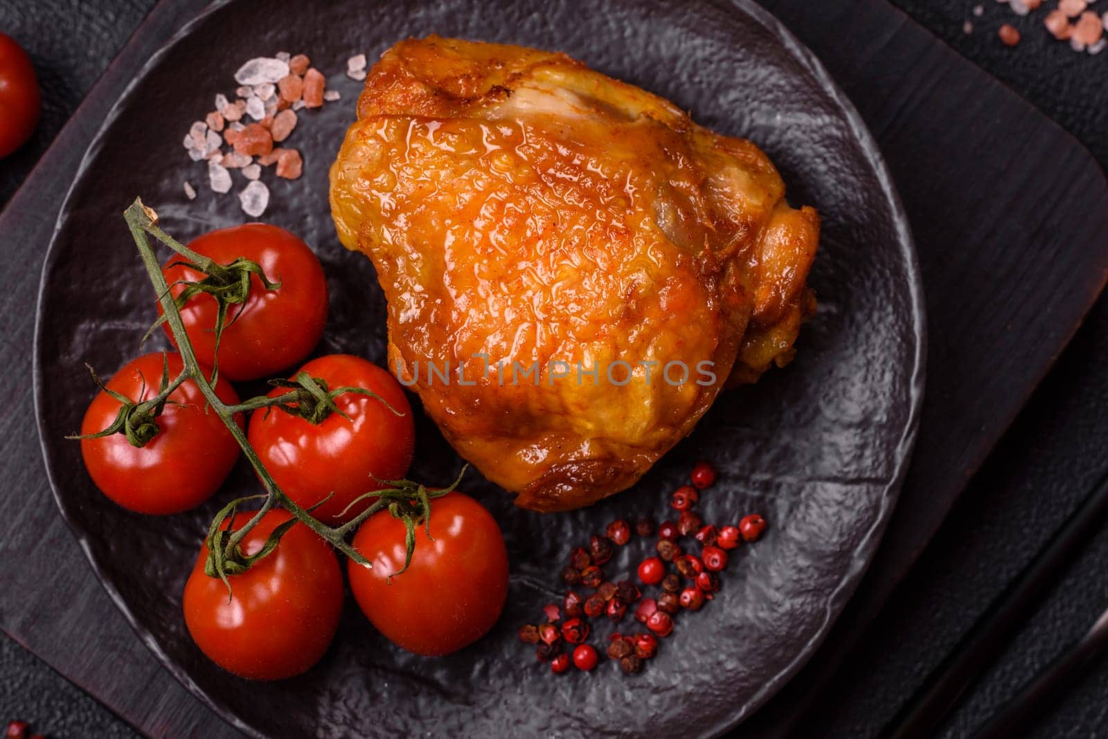 Delicious juicy chicken thighs baked with salt, spices and herbs in a ceramic plate on a dark concrete background