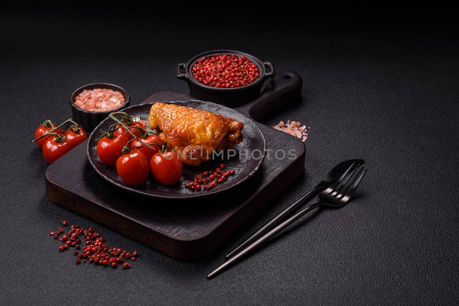 Delicious juicy chicken thighs baked with salt, spices and herbs in a ceramic plate on a dark concrete background