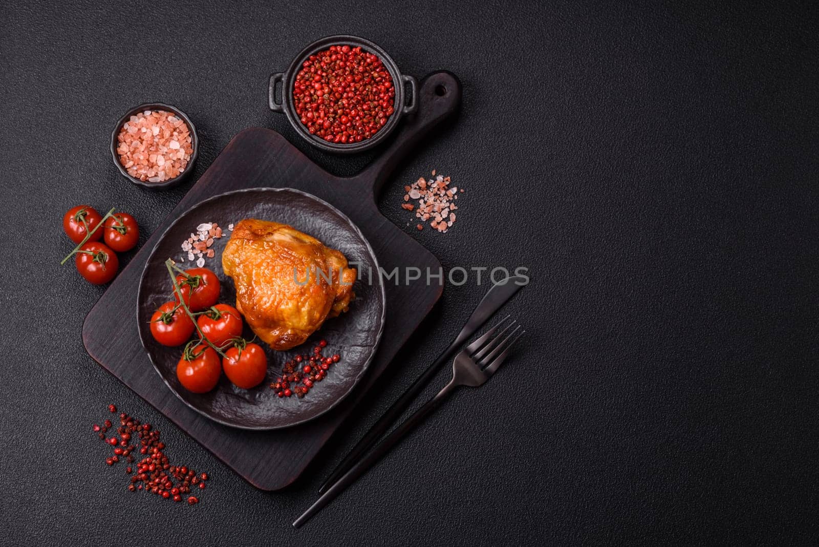 Delicious juicy chicken thighs baked with salt, spices and herbs in a ceramic plate on a dark concrete background