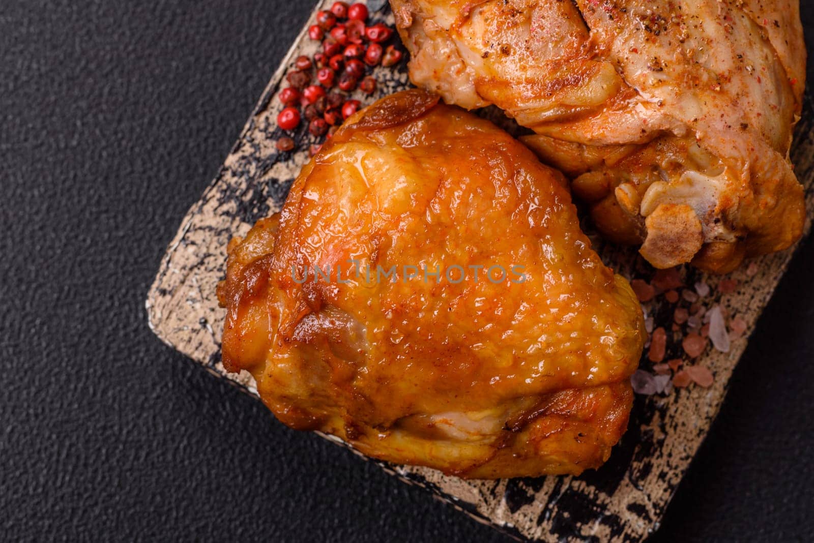 Delicious juicy chicken thighs baked with salt, spices and herbs in a ceramic plate on a dark concrete background