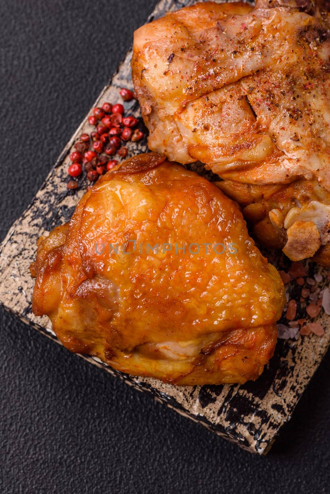 Delicious juicy chicken thighs baked with salt, spices and herbs in a ceramic plate on a dark concrete background