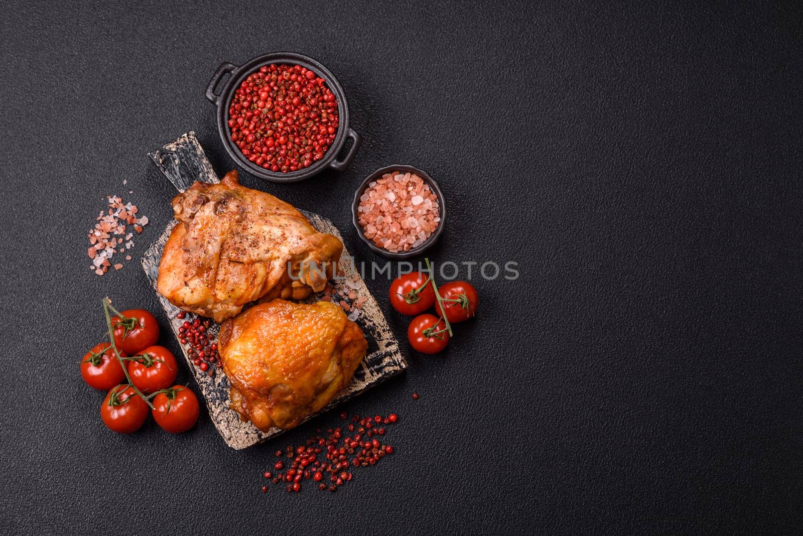 Delicious juicy chicken thighs baked with salt, spices and herbs in a ceramic plate on a dark concrete background