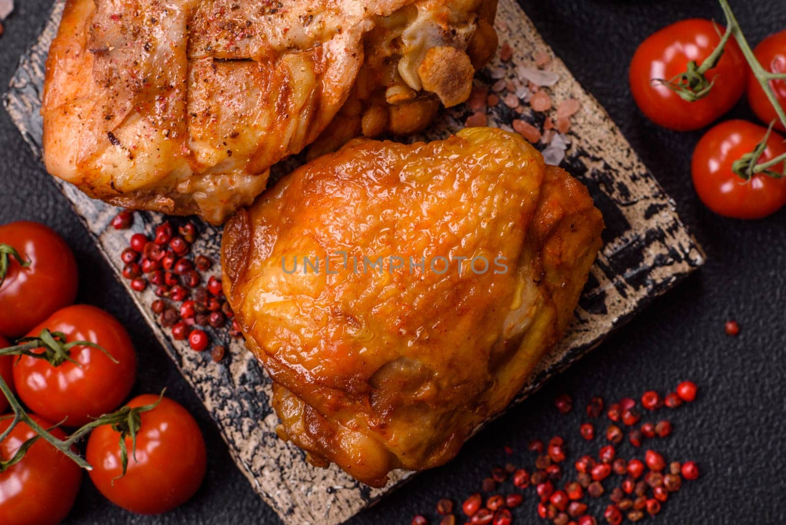 Delicious juicy chicken thighs baked with salt, spices and herbs in a ceramic plate on a dark concrete background