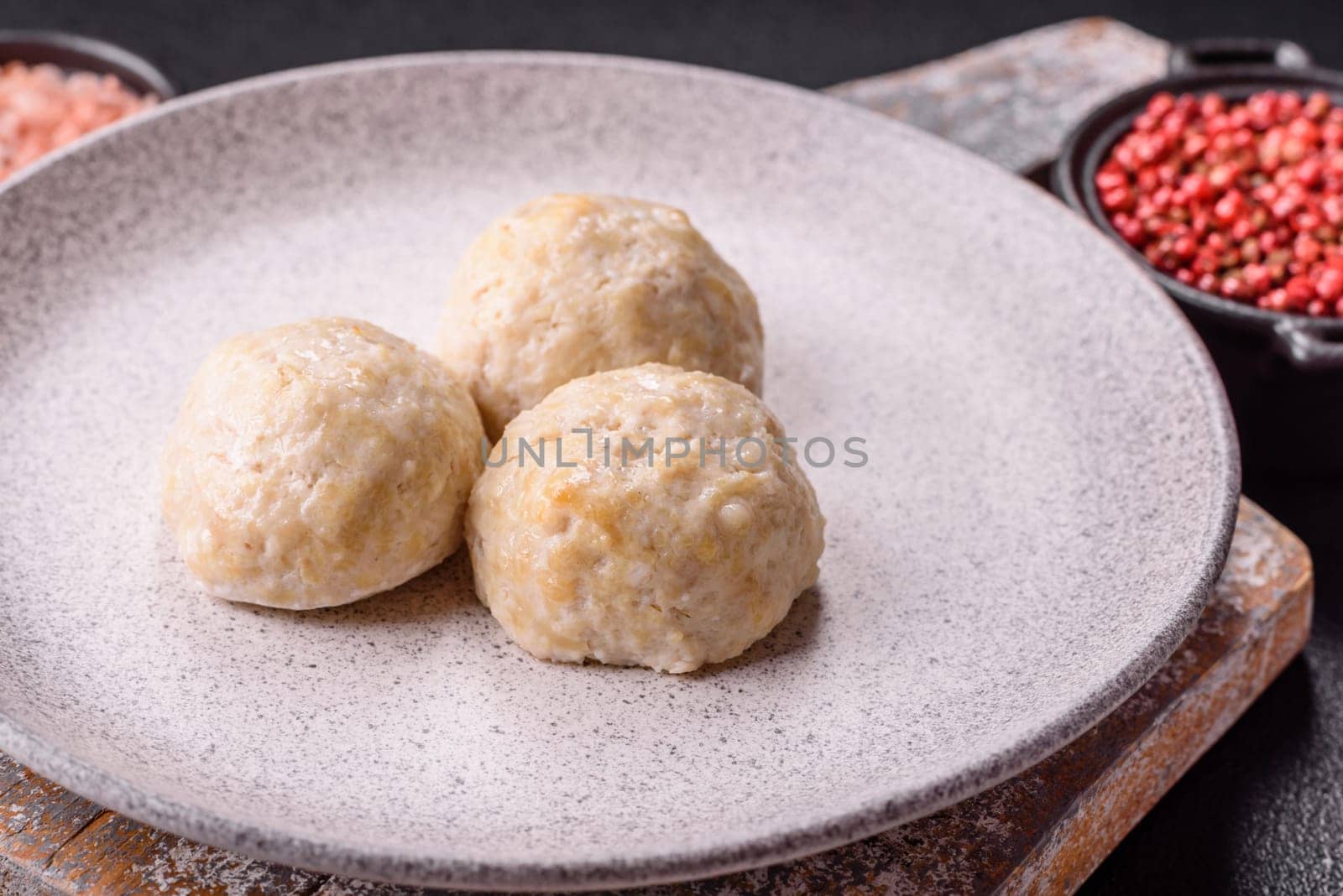 Delicious healthy steamed chicken cutlets or minced meatballs. Diet food dish