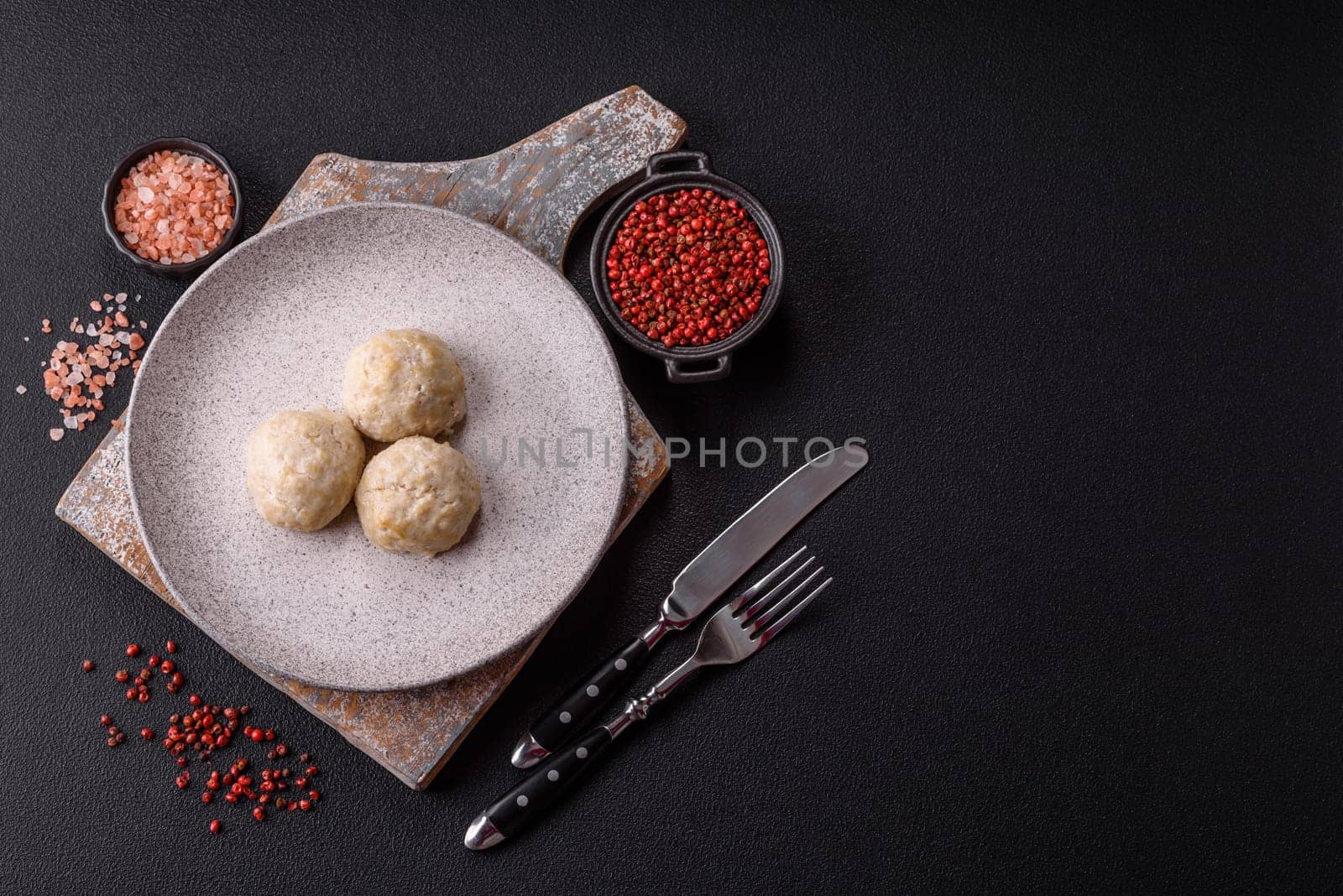 Delicious healthy steamed chicken cutlets or minced meatballs. Diet food dish