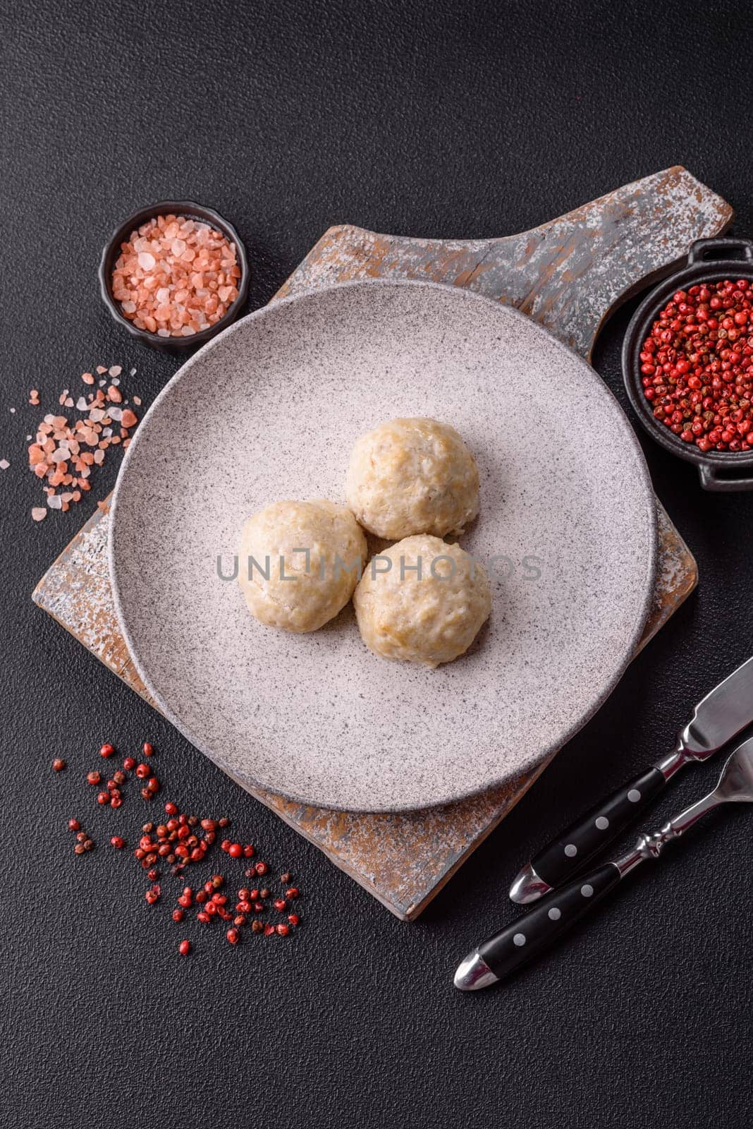 Delicious healthy steamed chicken cutlets or minced meatballs. Diet food dish