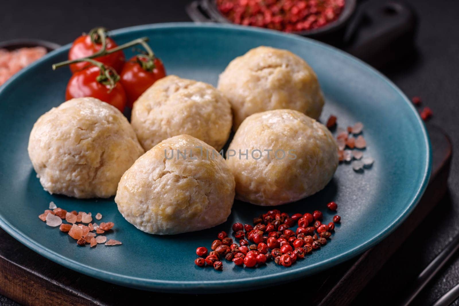 Delicious healthy steamed chicken cutlets or minced meatballs. Diet food dish