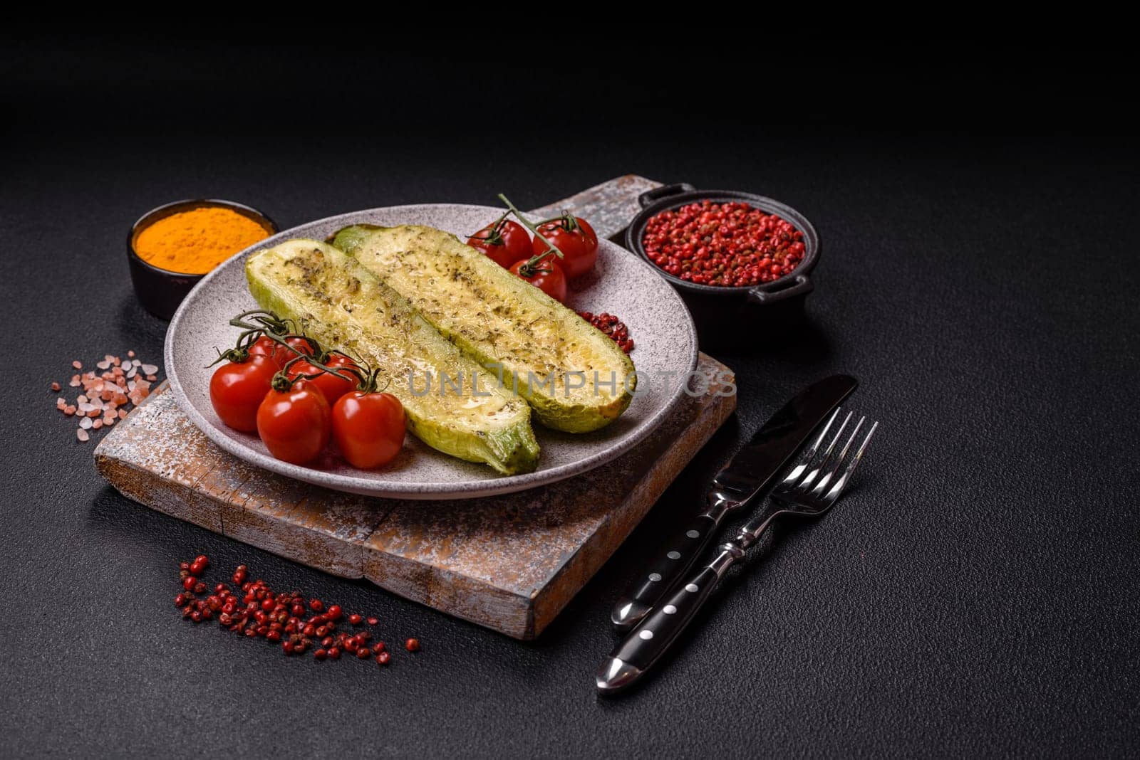 Delicious zucchini cut into two halves baked with salt, spices and herbs on a dark concrete background