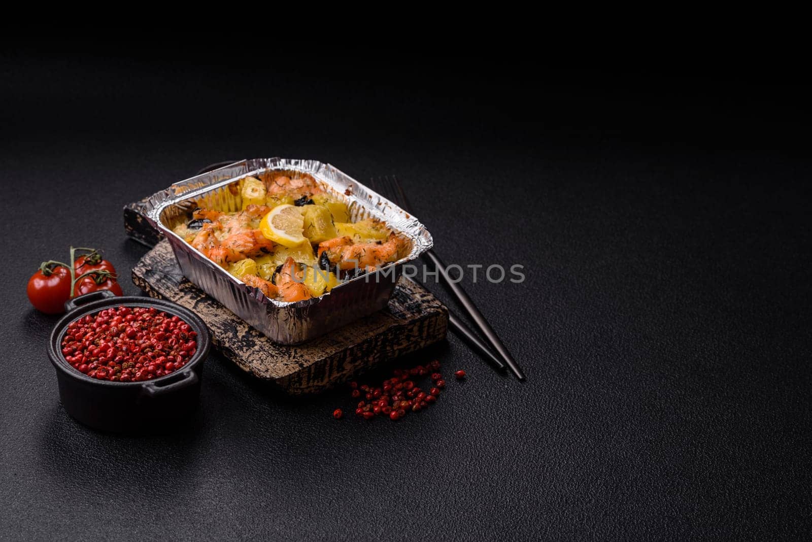 Baked salmon pieces with potatoes, cheese and olives with salt, spices and herbs on a dark concrete background