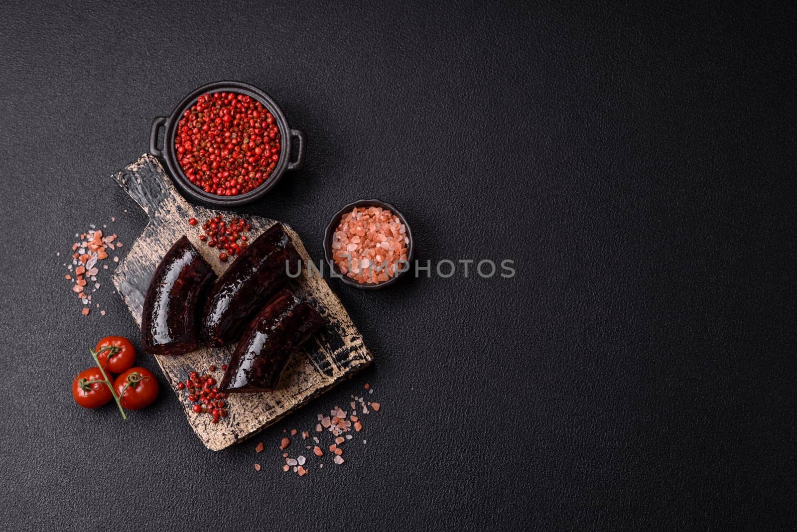 Delicious black blood sausage or black pudding with spices and herbs grilled on a black concrete background