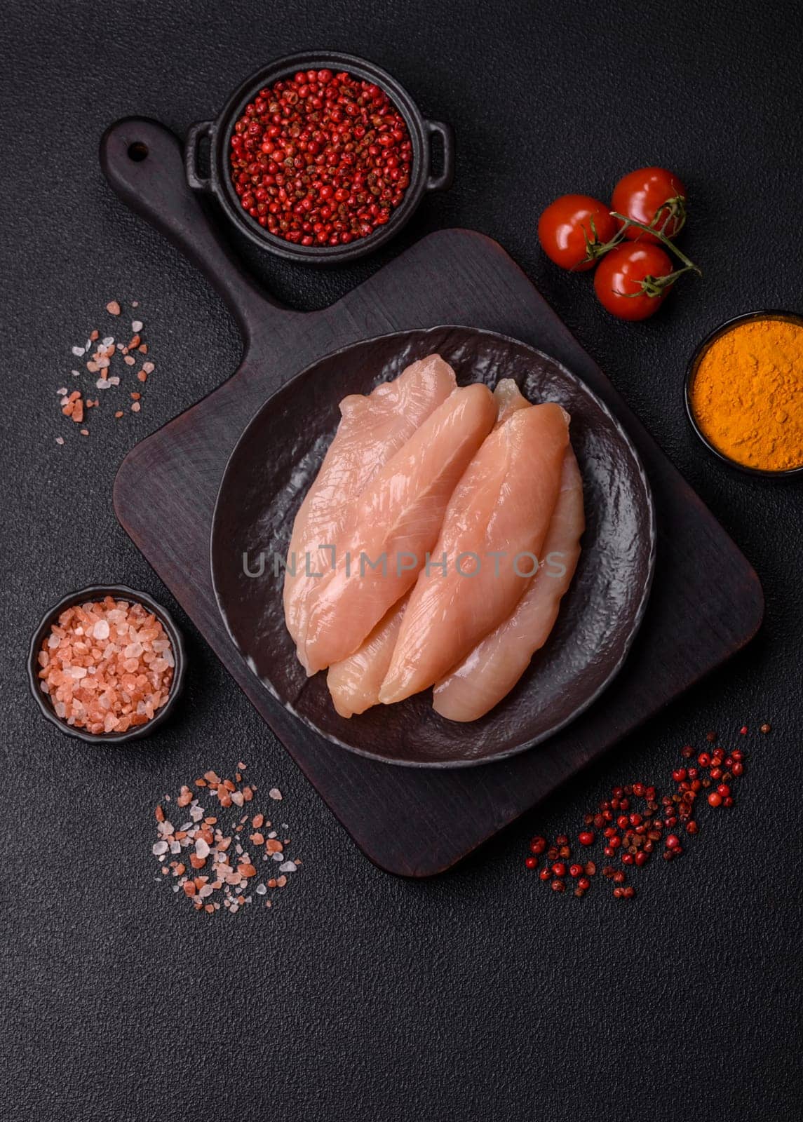 Raw chicken fillet cut into strips with spices and herbs on a wooden cutting board