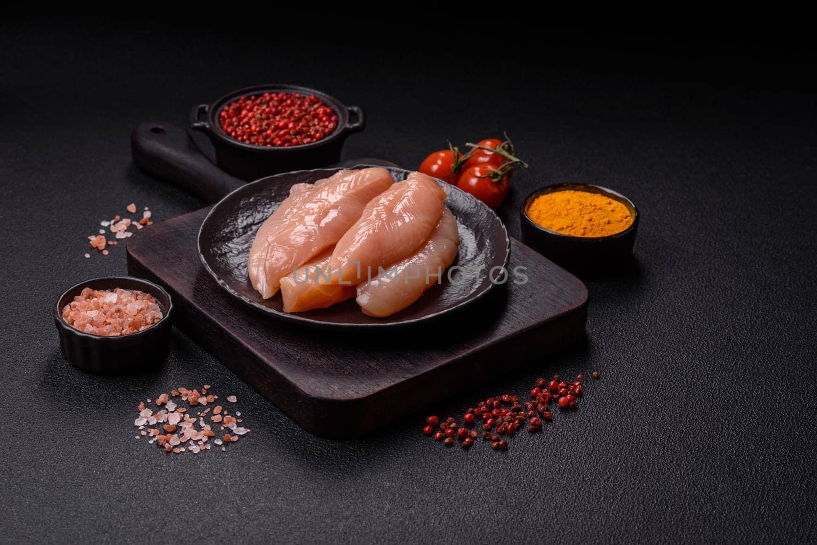 Raw chicken fillet cut into strips with spices and herbs on a wooden cutting board