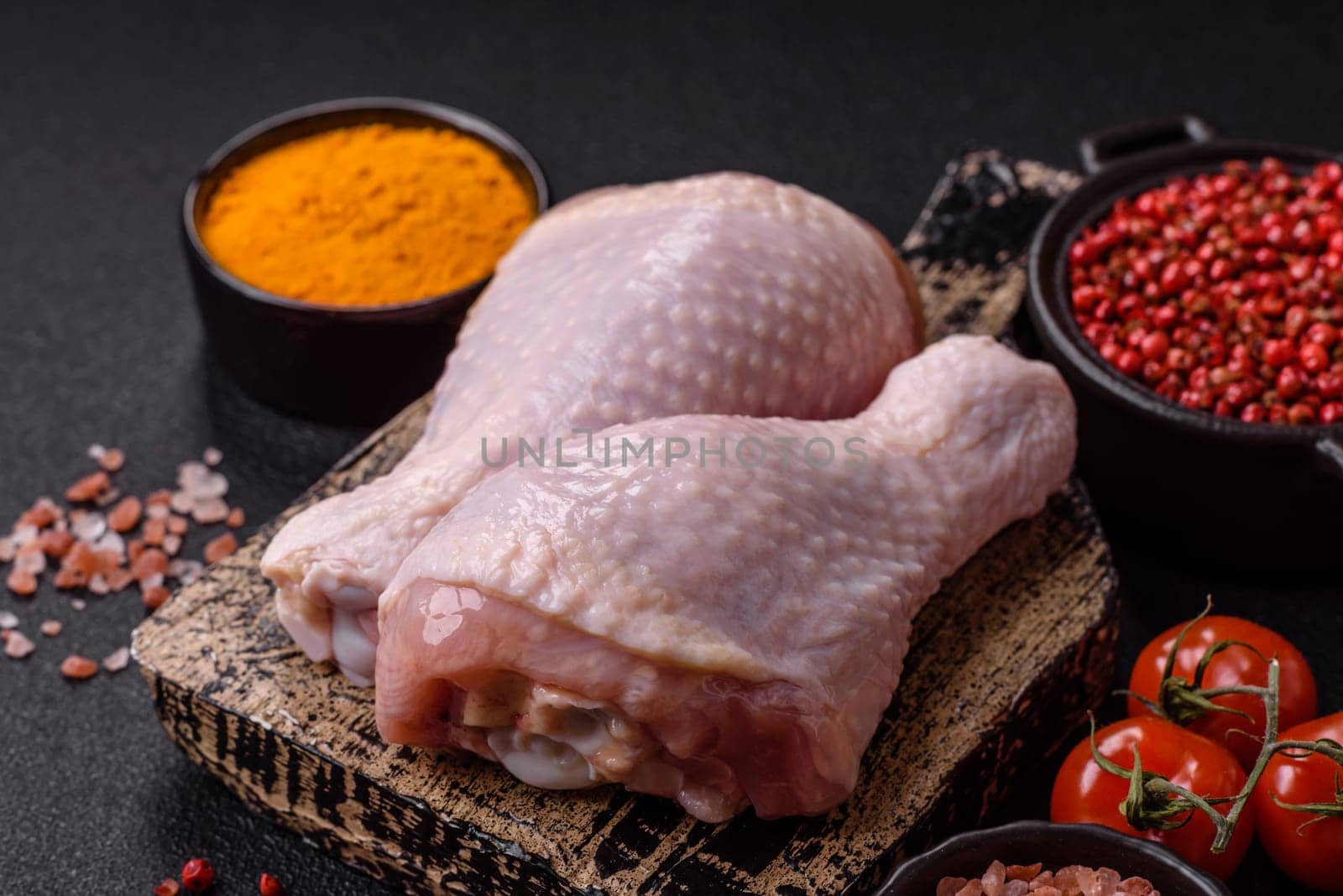 Raw chicken legs with salt, spices and herbs prepared for grilling