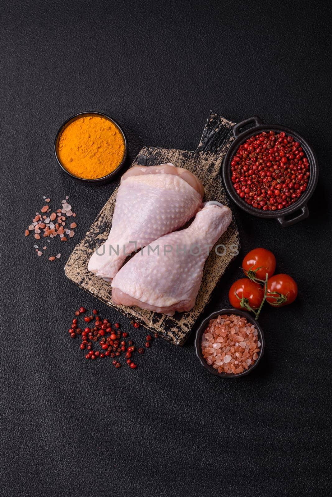 Raw chicken legs with salt, spices and herbs prepared for grilling