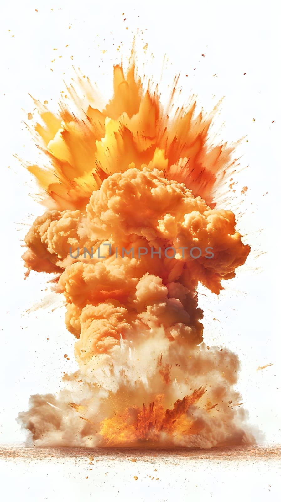 Epic explosion with orange flames and thick smoke rising high in the air