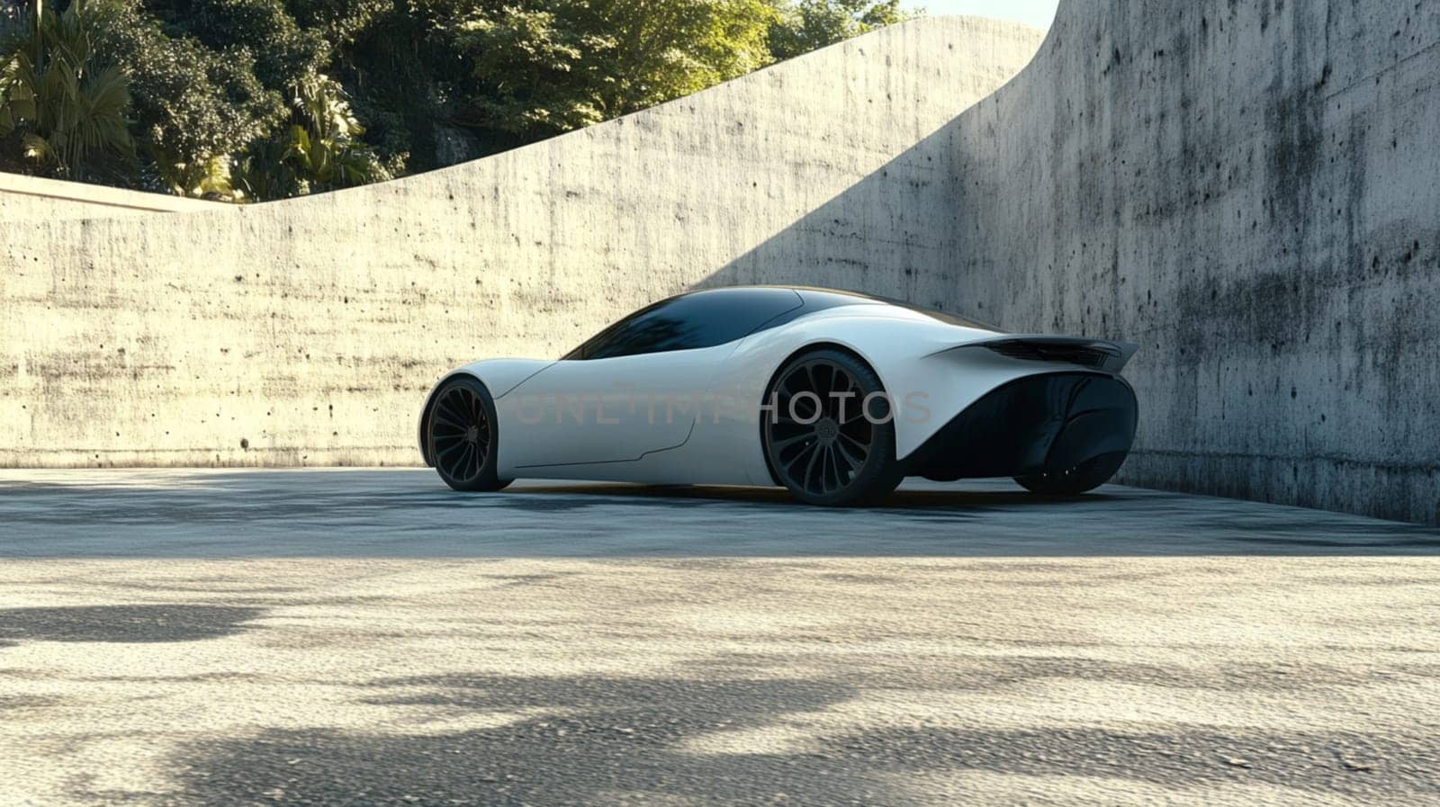 White sports car is parked inside a minimalist concrete garage with sunlight illuminating the scene. The image evokes a sense of luxury and exclusivity