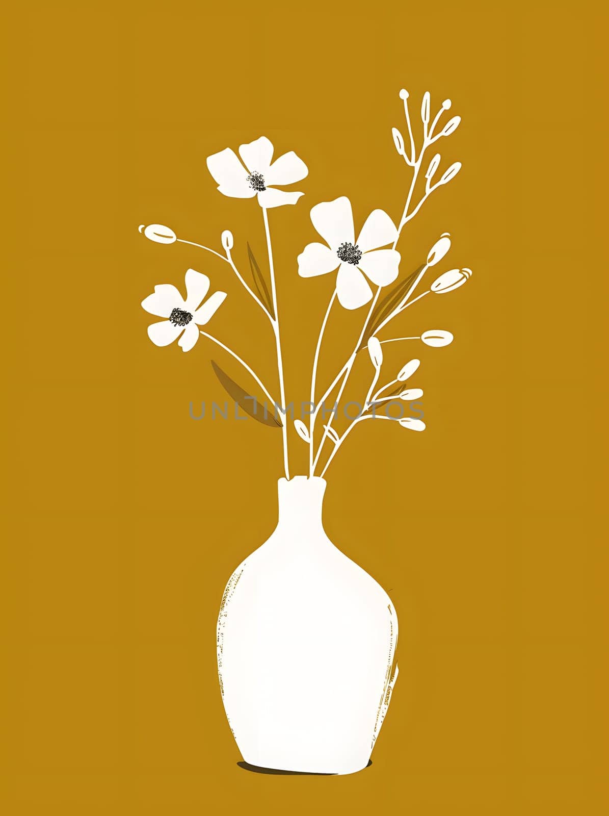 Stylized white flowers in a vase on a mustard background for modern decor