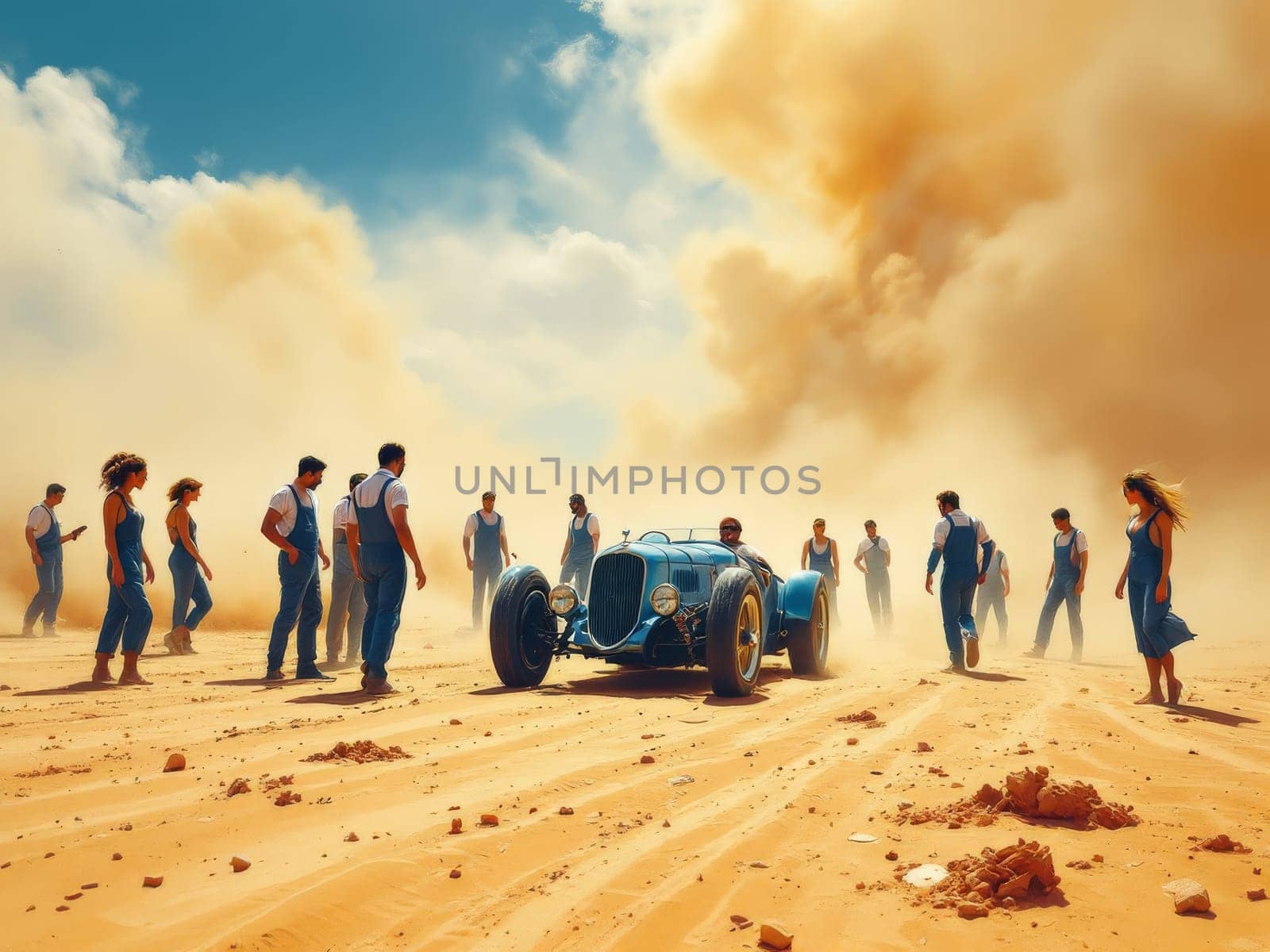 Mechanics and models in blue overalls are standing in the desert next to a blue vintage Delahaye 135s racing car while a dust cloud rises in the background. Ai generated