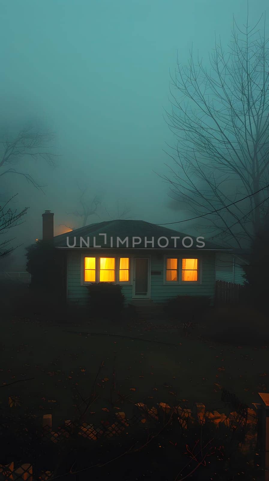 A house is illuminated at night in a foggy field, with tints and shades of light shining through the windows, surrounded by trees and a cloudy sky creating a mysterious dusk atmosphere