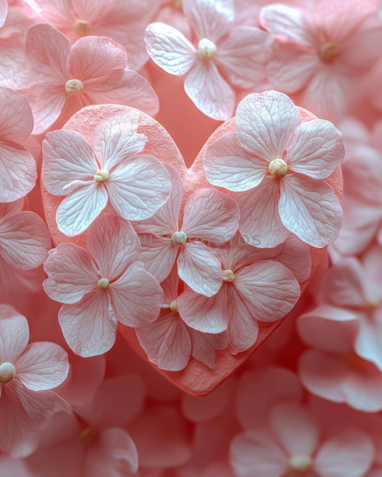 A soft pink heart surrounded by blooming cherry blossoms on a pastel background, evoking romance, tenderness, and love for Valentine's Day