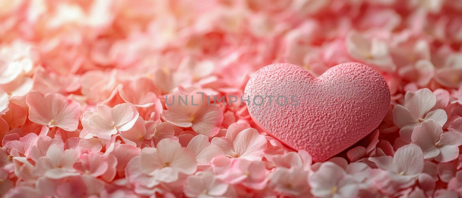 A textured pink heart covered with delicate floral petals, creating an artistic and romantic theme for Valentine's Day celebrations