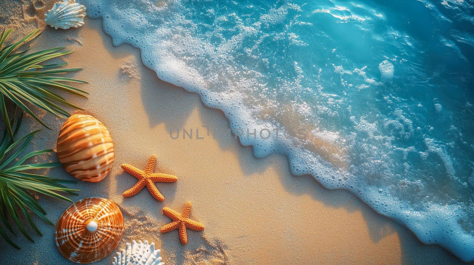 A scenic arrangement of seashells, starfish, and tropical leaves on a sandy beach near the ocean, with foamy waves in the background