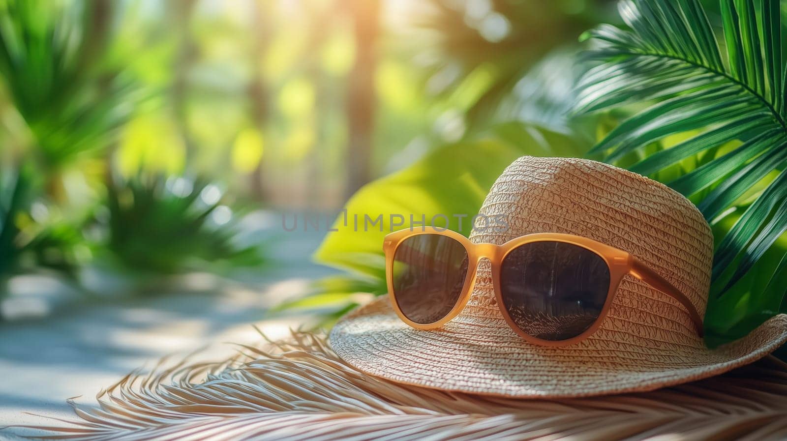 A straw hat and sunglasses lie on tropical leaves under warm sunlight, creating a relaxing and stylish summer vibe