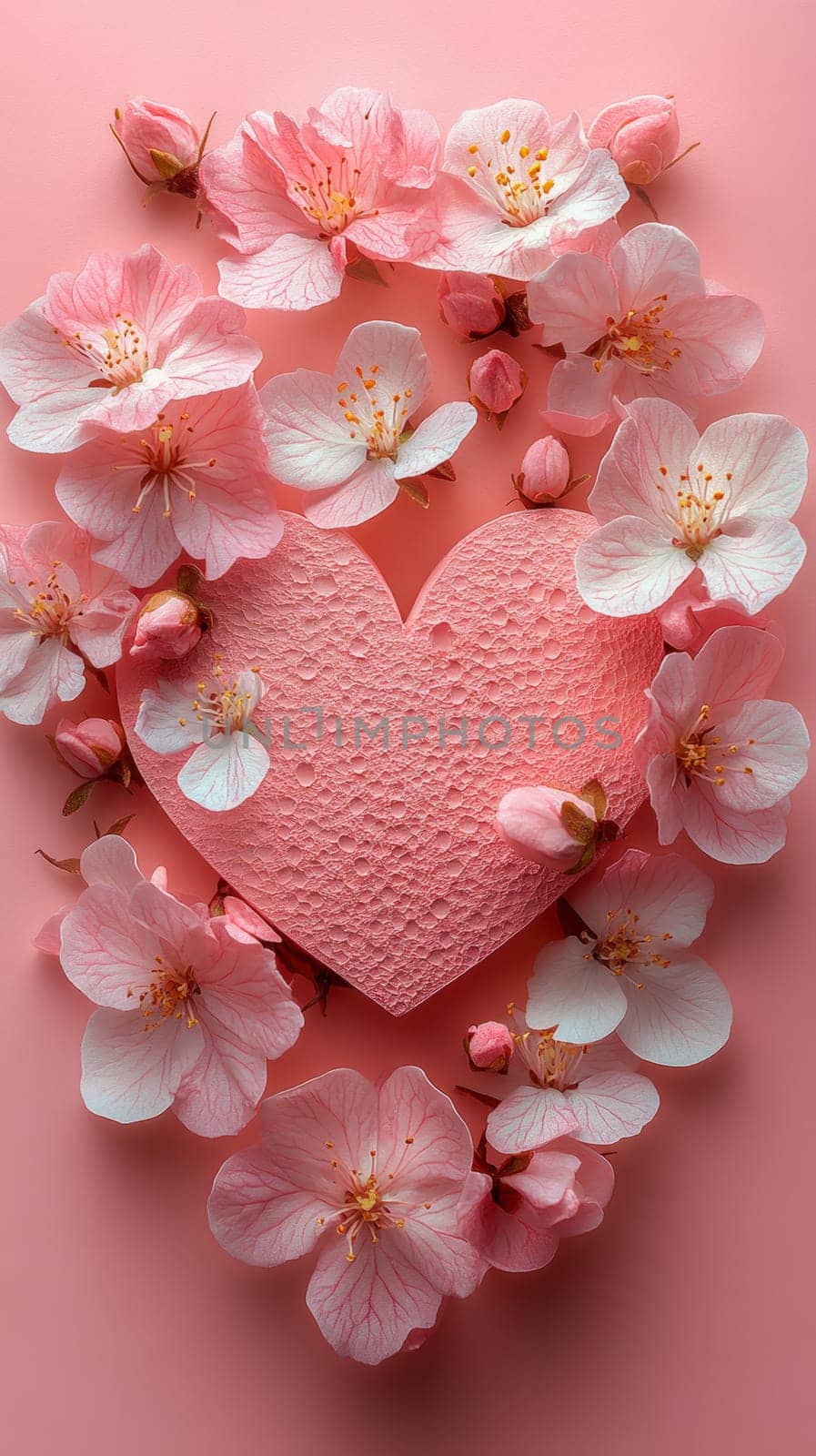 A glittery pink heart resting among delicate flowers, creating a festive and romantic ambiance for Valentine's Day celebrations