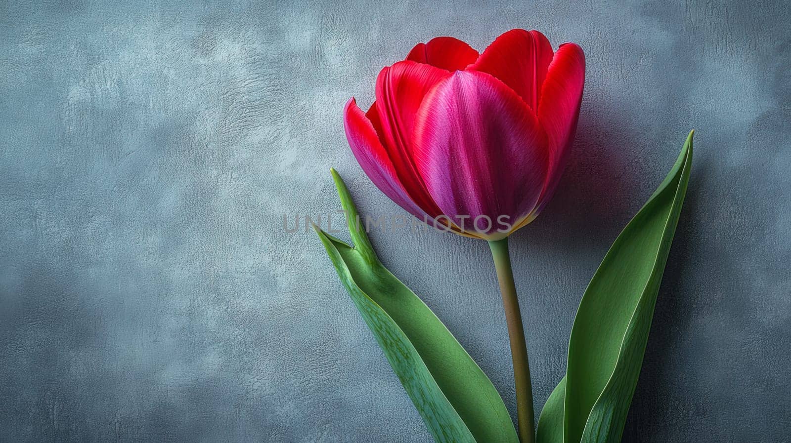 A striking red tulip with green leaves is placed against a textured blue background, showcasing its vibrant beauty and simplicity