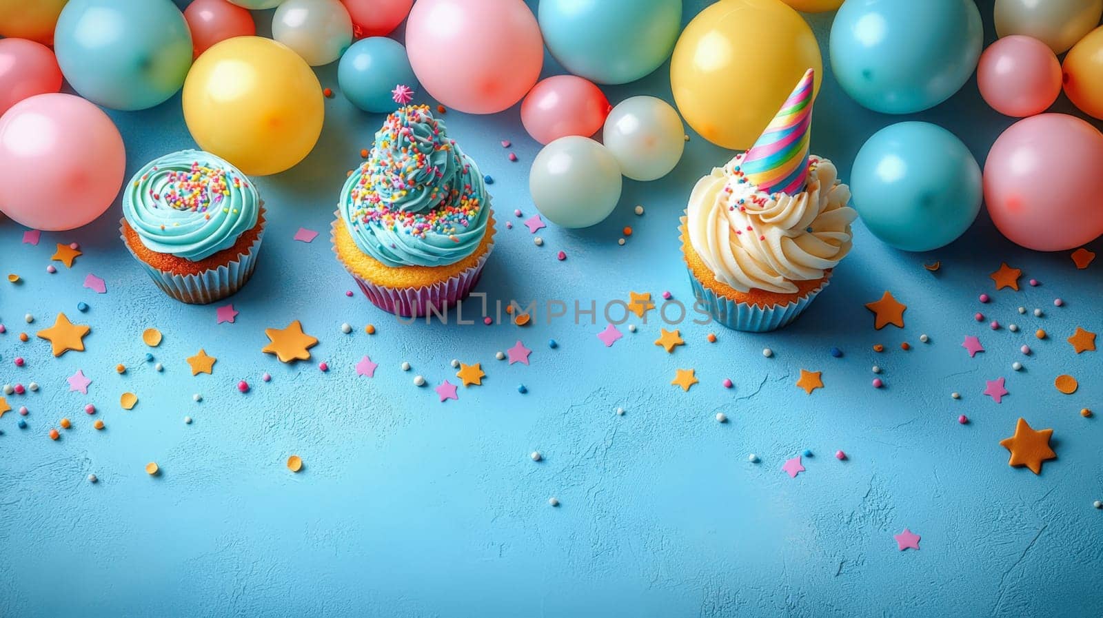 A trio of cupcakes with vibrant frosting, sprinkles, and party hats, set against a festive backdrop with balloons and confetti