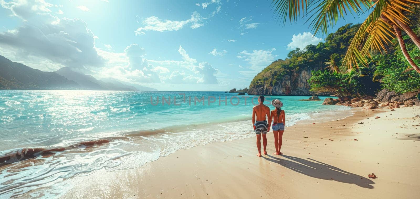 A couple walking hand in hand on a pristine tropical beach with turquoise waters and lush greenery under a sunny sky