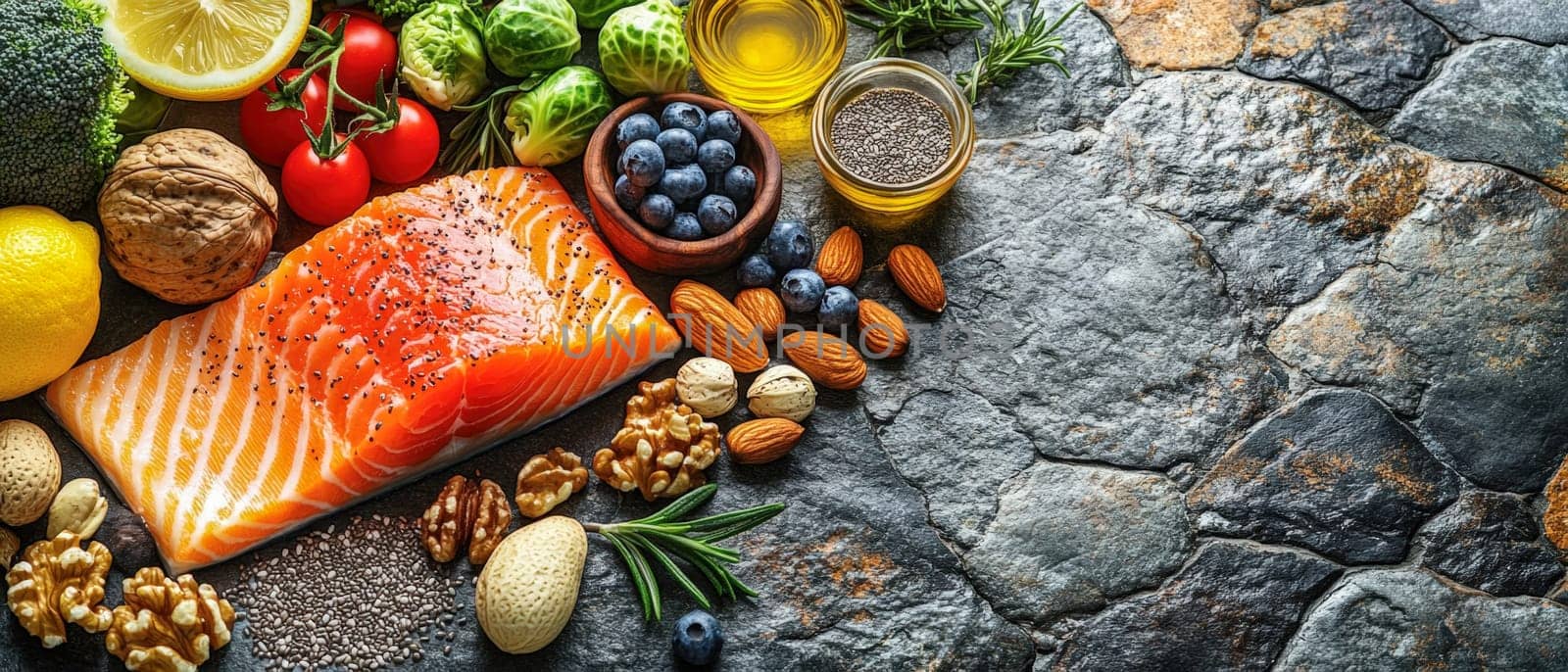 Salmon filet surrounded by ketogenic ingredients like chia seeds, blueberries, nuts, and fresh vegetables, styled on a rustic stone background