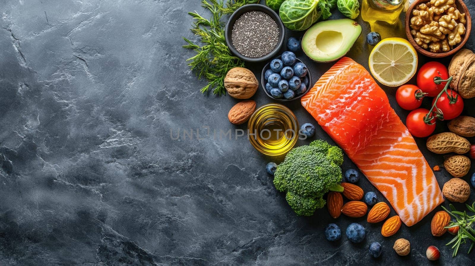 Keto-friendly foods like salmon, avocado, nuts, and fresh greens styled beautifully on a slate surface for inspiration