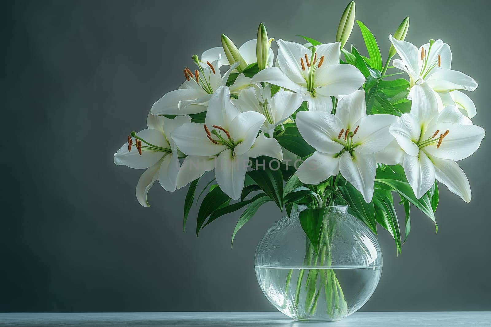 A striking arrangement of white lilies in a round glass vase, captured against a dark backdrop, highlighting the vibrant petals and rich greenery for a dramatic and elegant presentation