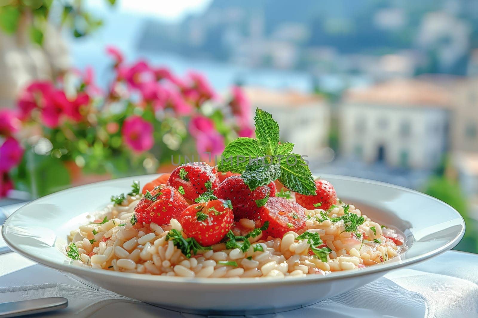A plate of strawberry risotto garnished with fresh mint leaves, accompanied by blooming flowers and a coastal view, symbolizing spring flavors