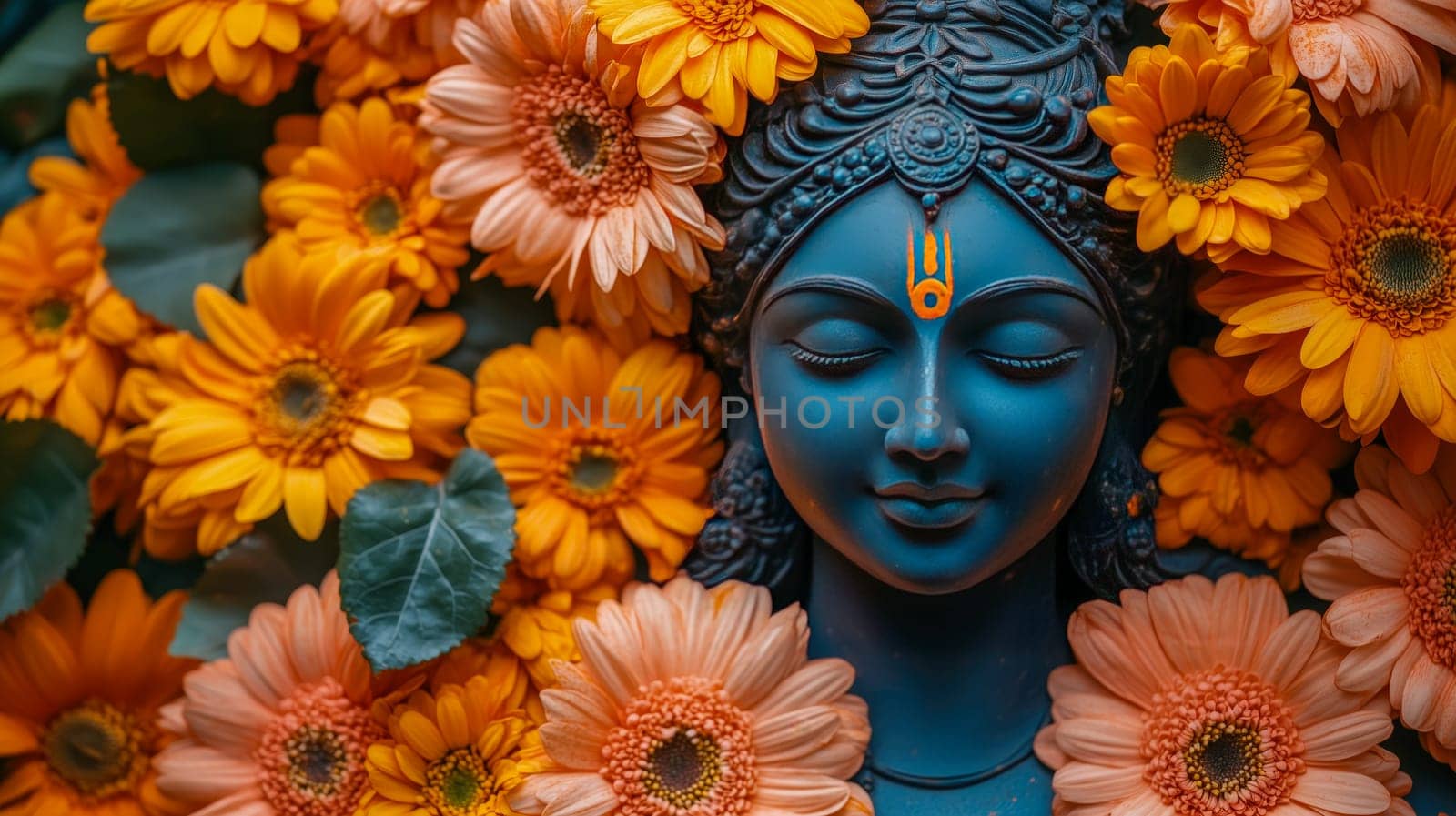A serene Hindu deity statue surrounded by bright yellow and orange flowers, representing the spirituality and joy of Holi celebrations
