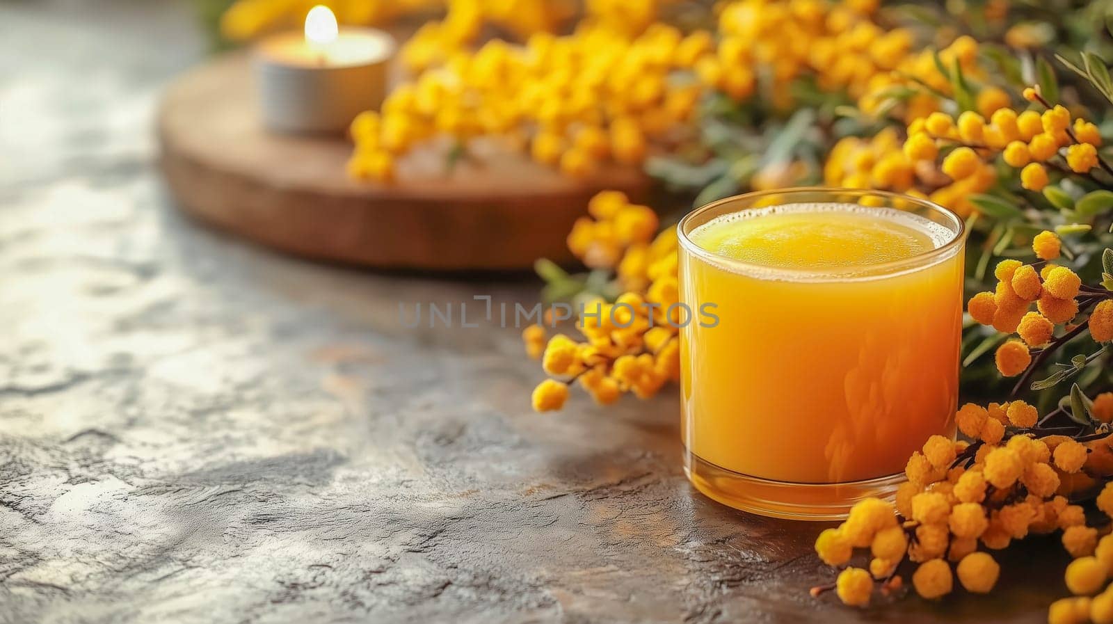 A warm candle and fresh orange juice with yellow mimosa flowers on a textured surface, capturing the essence of nature and the celebration of women on International Women's Day