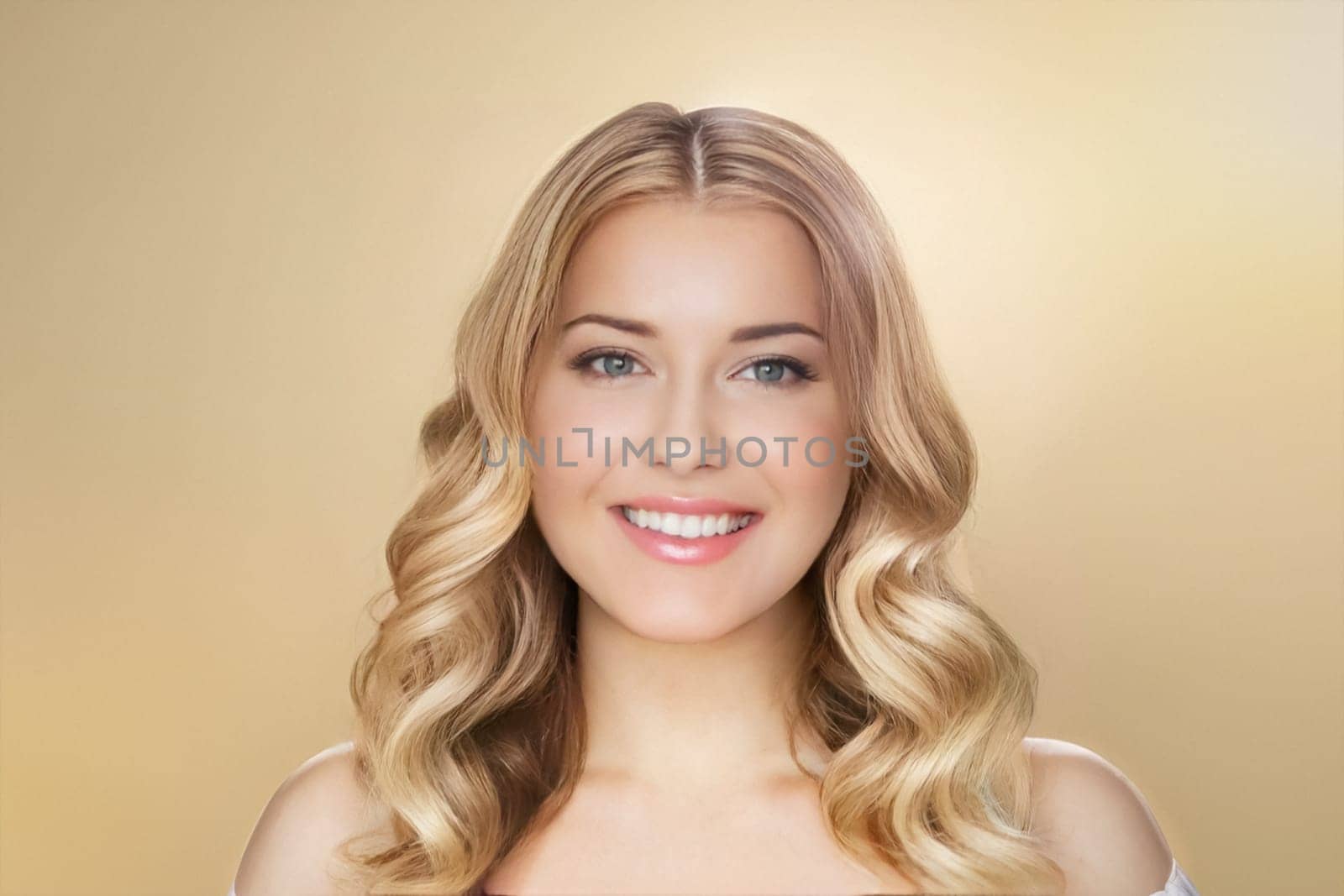 Woman, glowing skin and radiant smile, golden background and elegance. Blonde beautiful woman, beauty and confidence, flawless complexion idea
