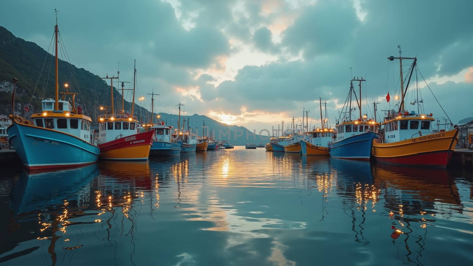A group of boats are docked in a harbor at night. The water is calm and the sky is cloudy