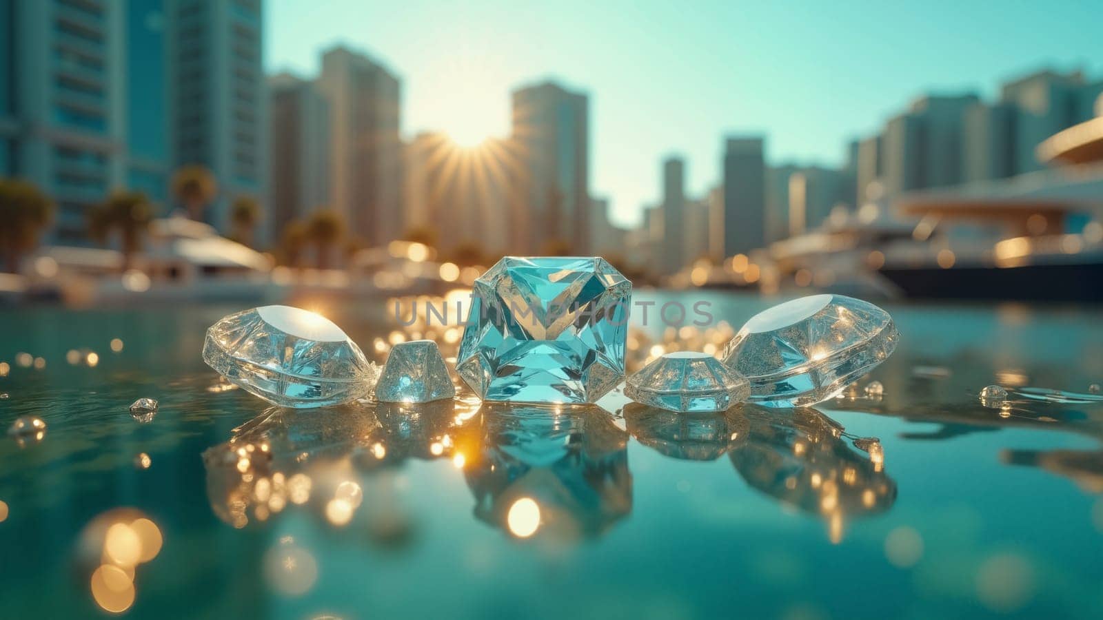 A group of diamonds are floating on the surface of a body of water. The water is calm and the diamonds are shining brightly in the sunlight. Concept of luxury and elegance