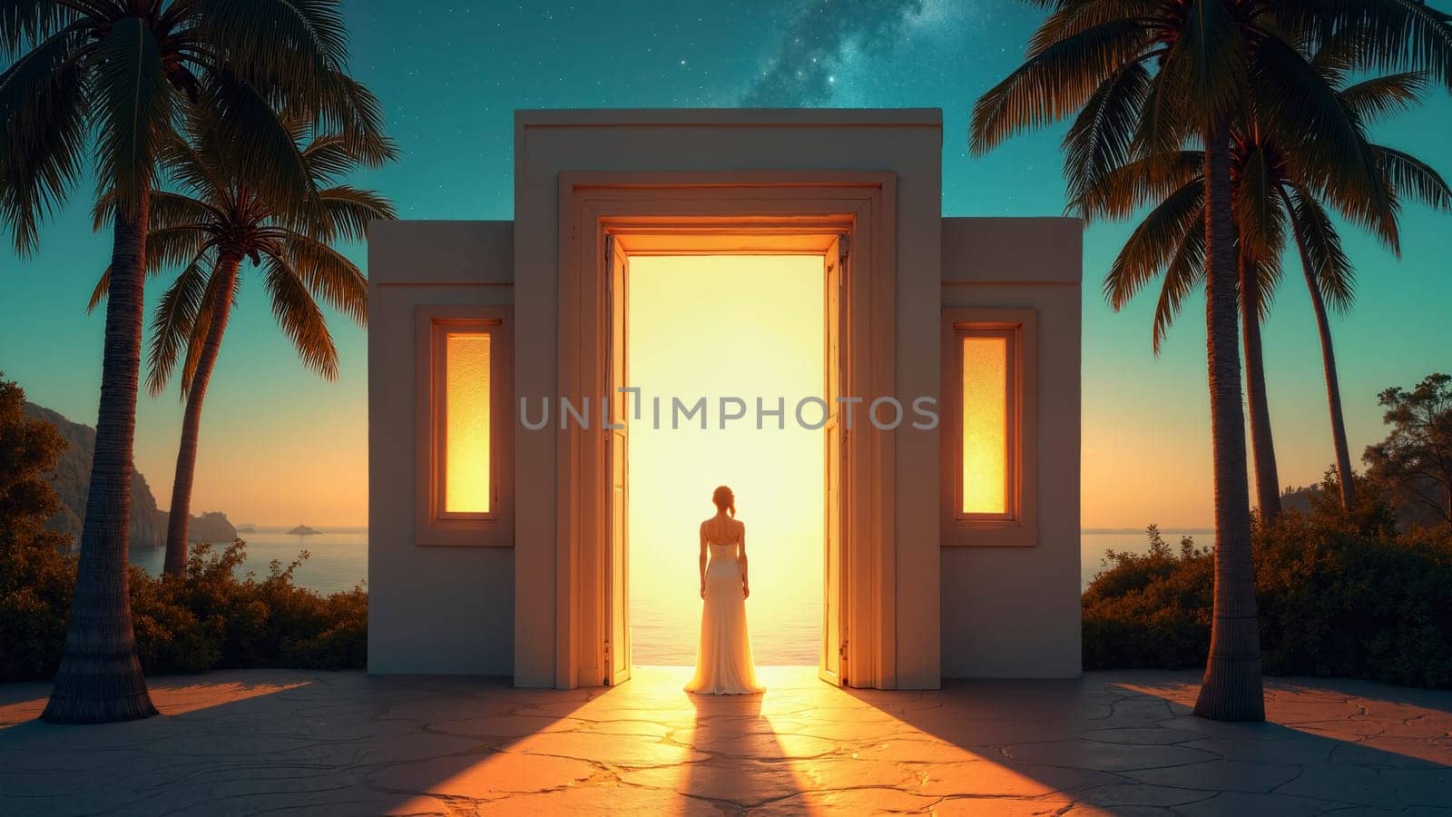 A woman stands in front of a wall with a doorway. The doorway is open, and the woman is wearing a white dress. The scene is set in a tropical location, with palm trees in the background