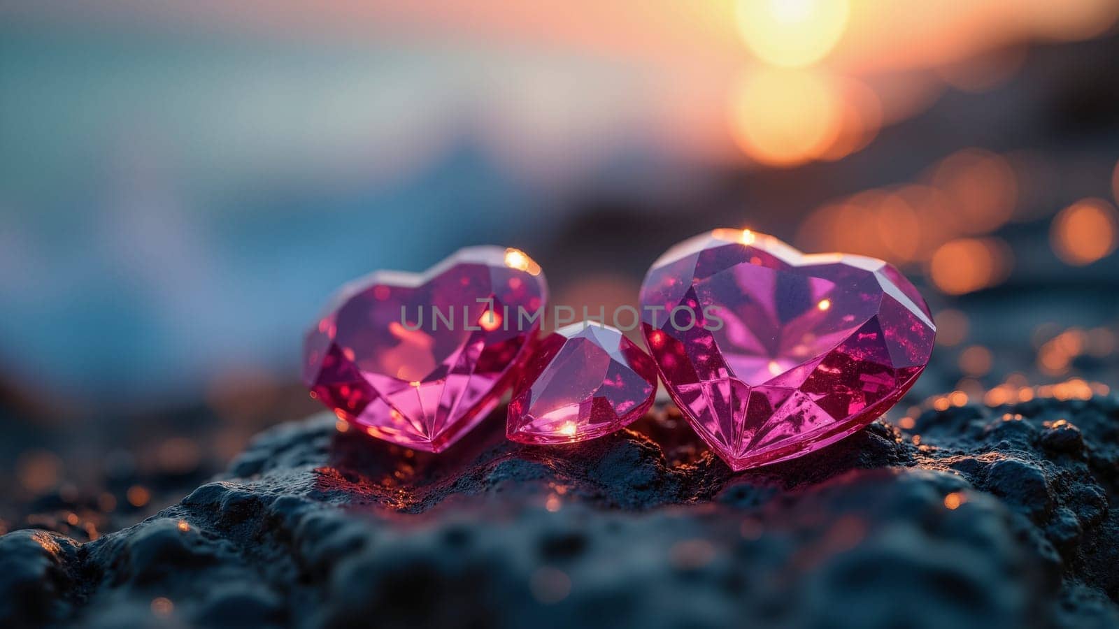 Three pink diamonds are arranged in a row on a rock. The diamonds are shiny and sparkly, and they seem to be arranged in a way that suggests love or affection