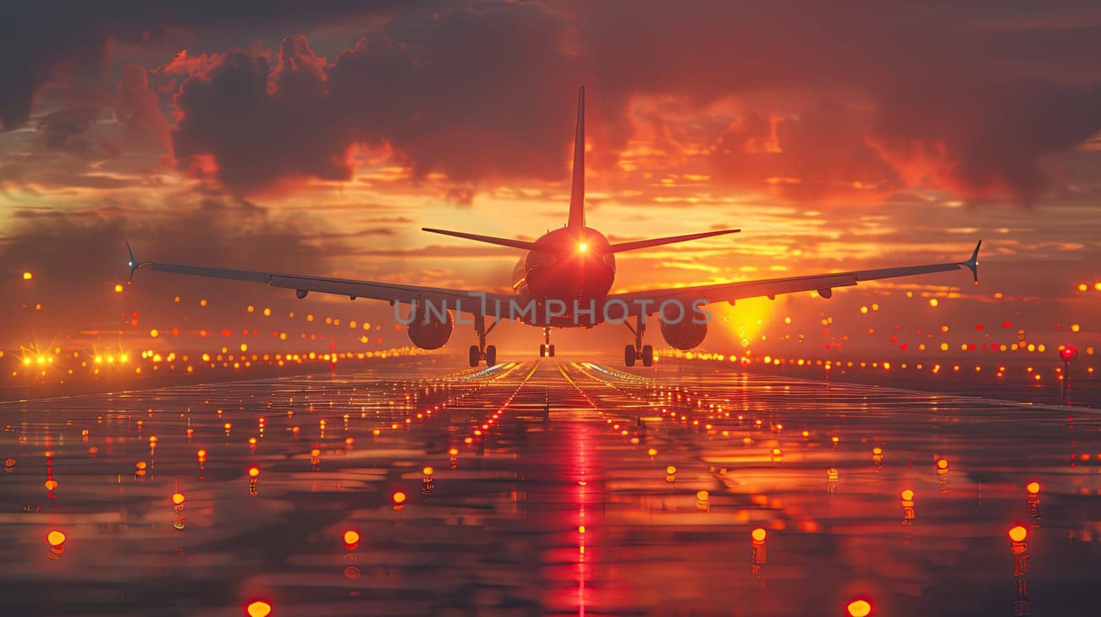 A stunning sunset view shows an airplane landing, lighting up the runway with vibrant colors that mesmerize onlookers