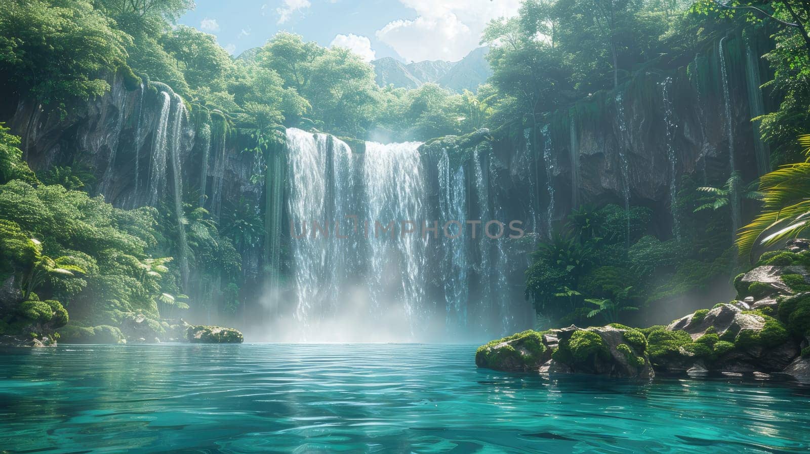 A breathtaking waterfall gracefully cascading into a serene and tranquil pool surrounded by lush, vibrant greenery