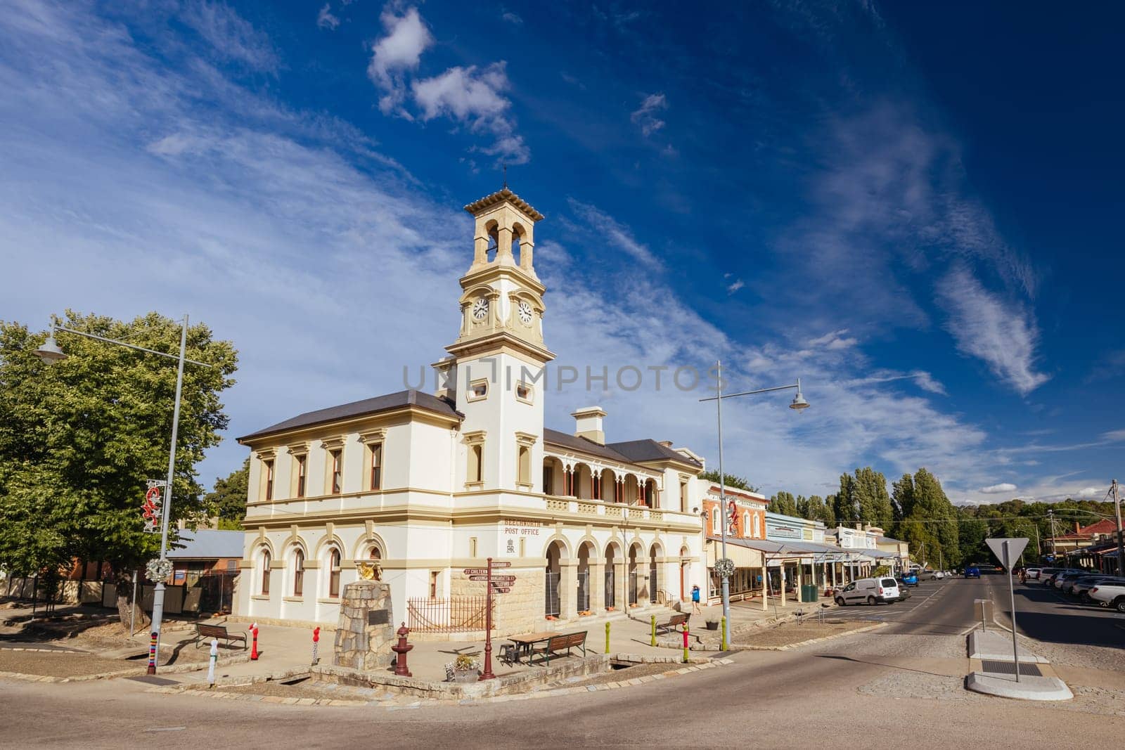 BEECHWORTH, AUSTRALIA - DECEMBER 27 2024: Historic Beechworth town centre on a warm summer's evening in Victoria, Australia on December 27th, 2024